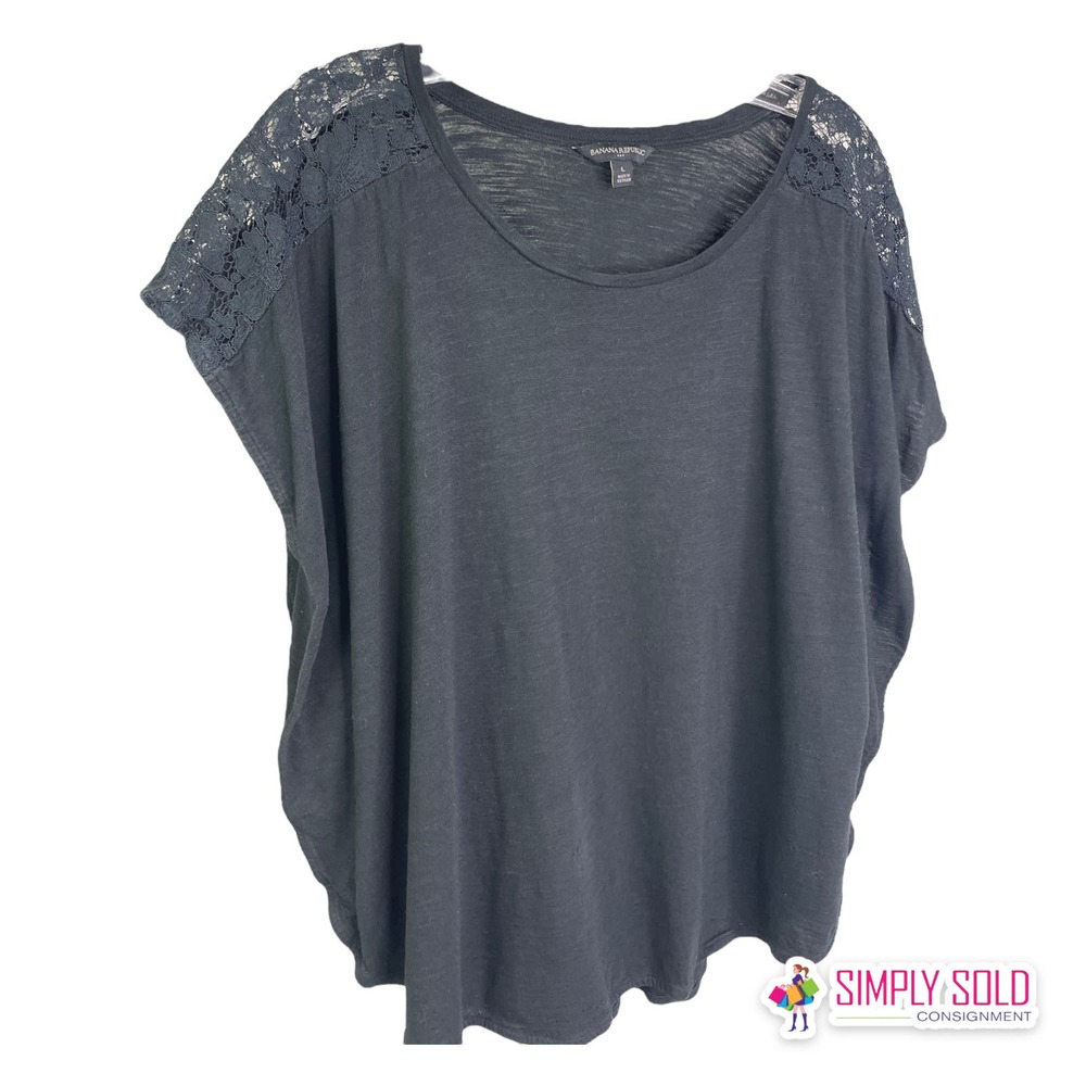 Banana Republic Women's Blouse Short Sleeve T-Shirt Black Cotton Cap Sleeve Sz L